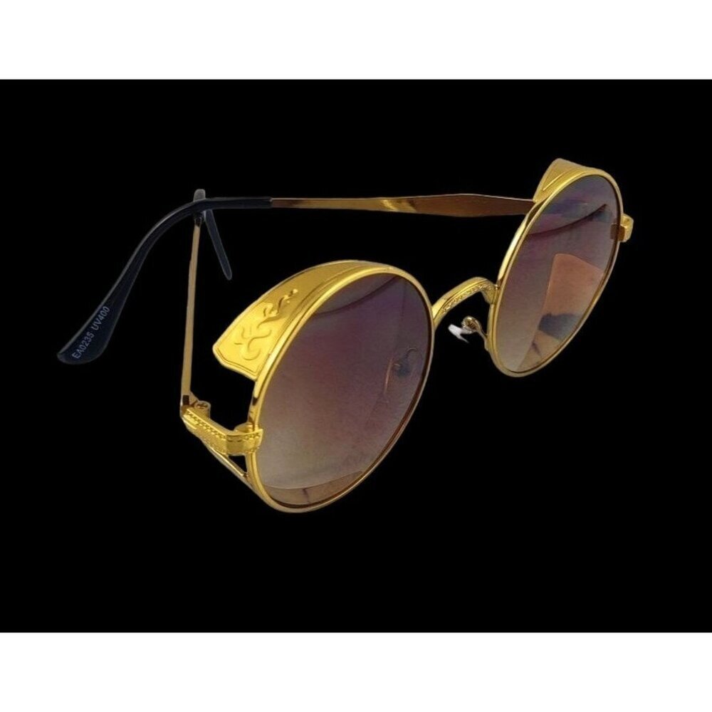 Sunglasses Round Metal Steampunk Gold Frame Brown Lens Diesel Punk Cosplay